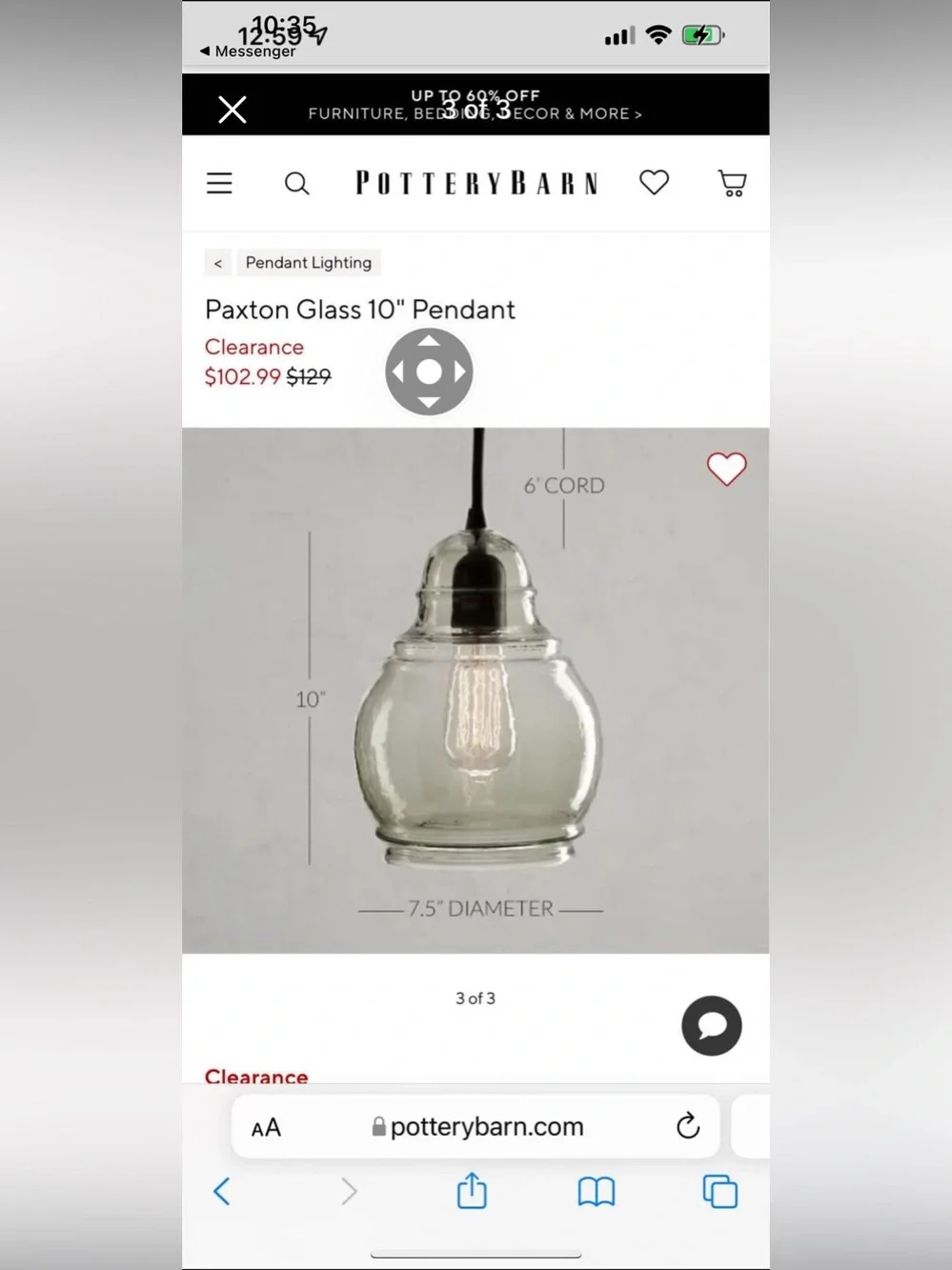New in Box Pottery Barn Paxton Medium Smoky Glass Pendant Light in Dark Gray